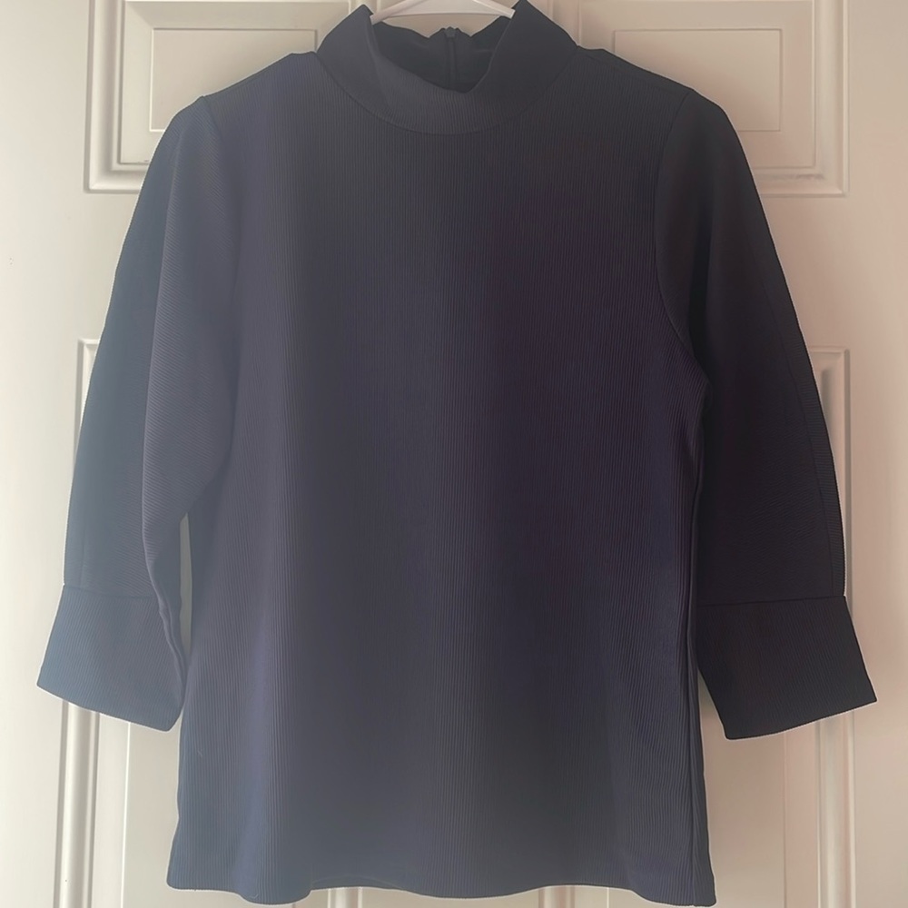 🔥🔥5/$25! ANN TAYLOR ribbed navy Blue 3/4 sleeve Mock Neck Top